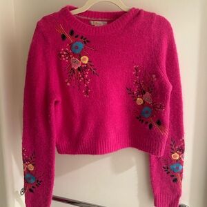Boden Women’s Medium Cropped Preowned Fushia Sweater with Embroidered Flowers